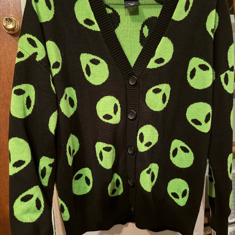 Alien Face Black Cardigan with Neon Green Pattern size small